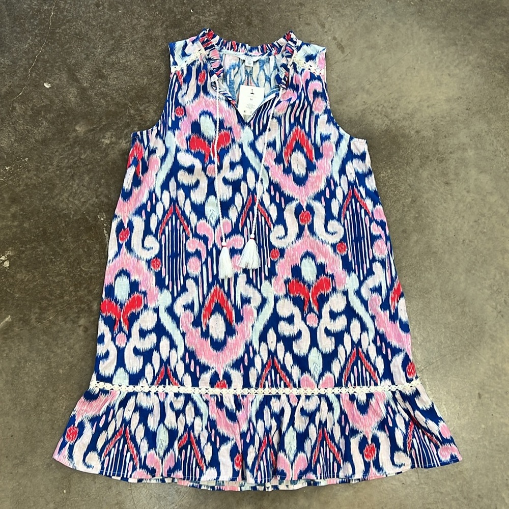 Crown & Ivy blue pink IKAT print Sz. Medium shift peasant dress NEW